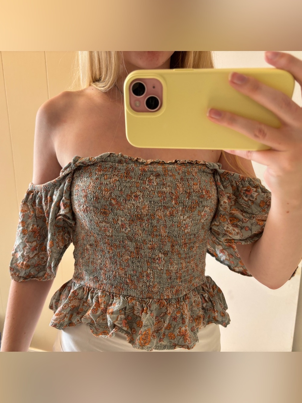 Patrons of Peace Sage Green Floral Off-Shoulder Peplum Top